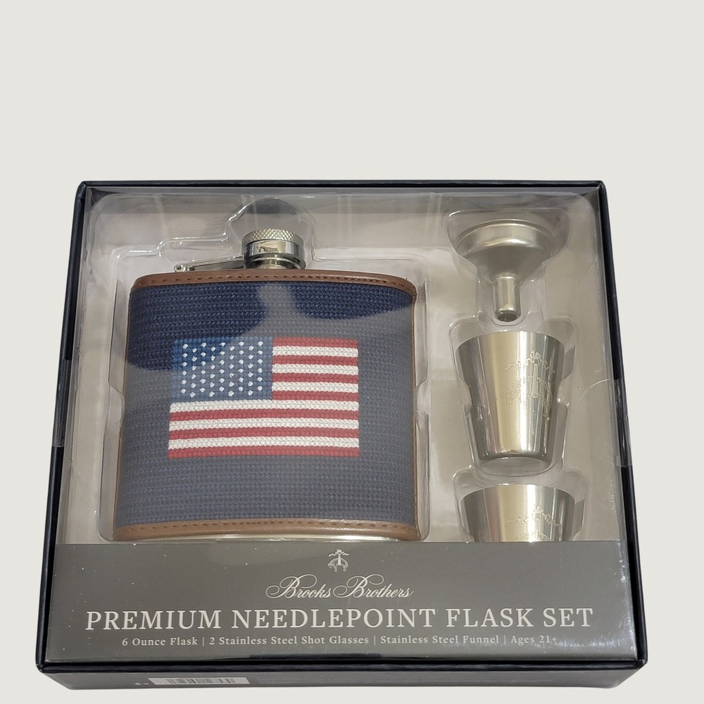 Brooks Brothers Premium Needlepoint Flask Set American Flag Stainless Steel 6oz